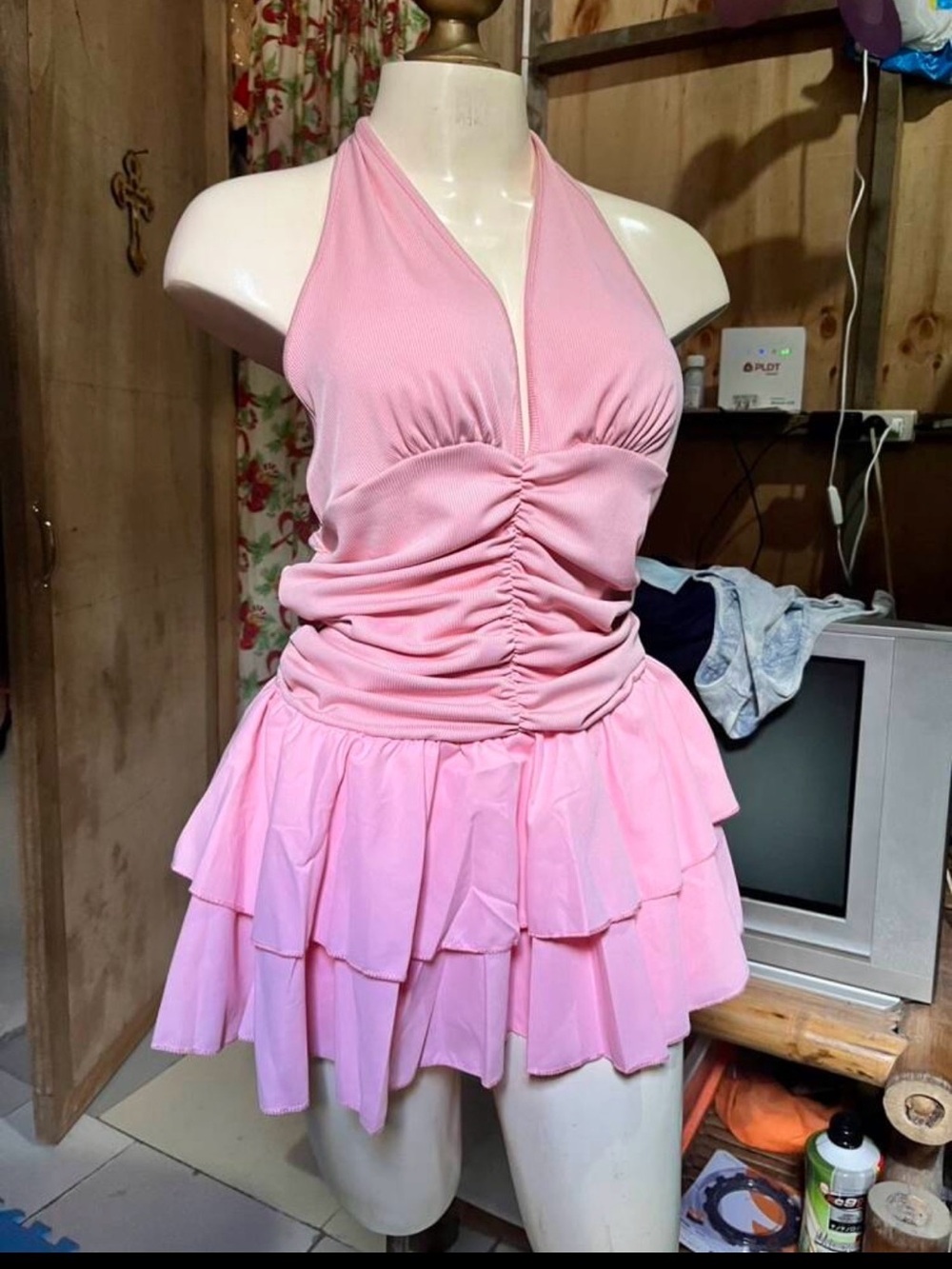 SHEIN Light Pink Ruched Halter Tiered Mini Dress